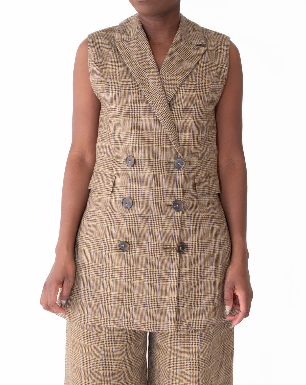 GLEN PLAID OPEN BACK LINEN VEST